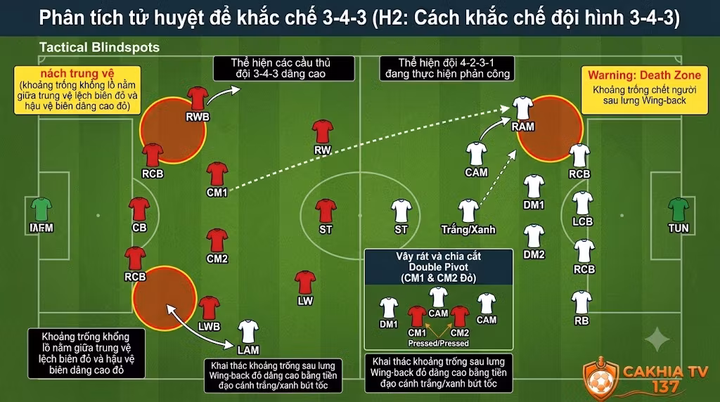 Phân tích điểm mù chiến thuật và cách khắc chế sơ đồ 3-4-3 bằng đội hình 4-2-3-1 thông qua việc khai thác khoảng trống sau lưng hậu vệ biên.