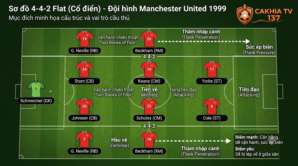 Cấu trúc sơ đồ 4-4-2 cổ điển (Flat) được mô phỏng qua đội hình Manchester United năm 1999 với bộ đôi tiền đạo Dwight Yorke và Andy Cole.