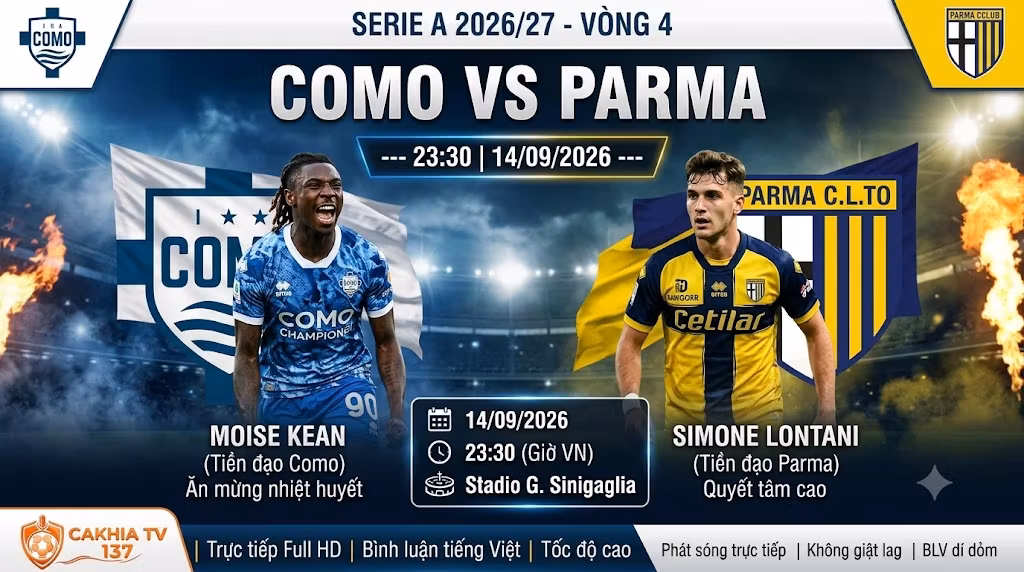 Ảnh bìa trực tiếp và nhận định trận đấu Como vs Parma lúc 23h30 ngày 14/9 vòng 4 Serie A trên chuyên trang CakhiaTV.