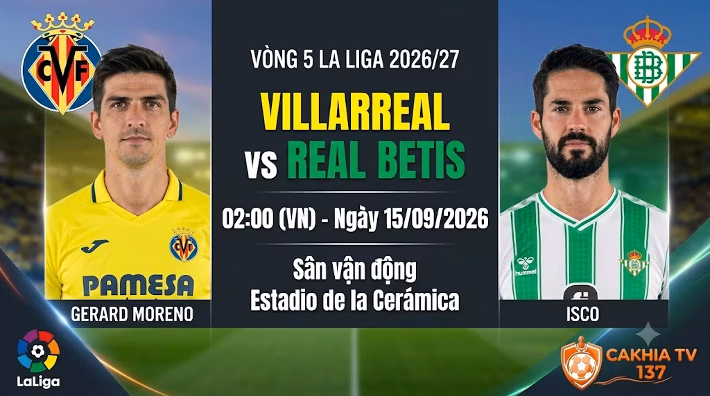 Nhận định trực tiếp bóng đá Villarreal vs Real Betis lúc 02h00 ngày 15/9 vòng 5 La Liga trên chuyên trang CakhiaTV.