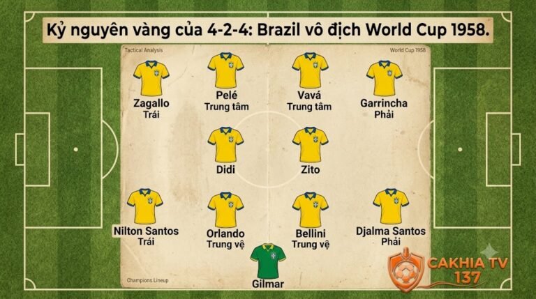 Đội hình sơ đồ chiến thuật 4-2-4 huyền thoại giúp đội tuyển Brazil vô địch World Cup 1958 do CakhiaTV phân tích.