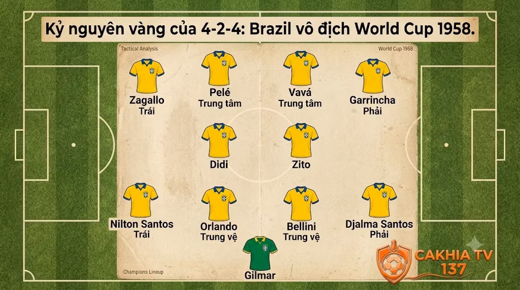 Đội hình sơ đồ chiến thuật 4-2-4 huyền thoại giúp đội tuyển Brazil vô địch World Cup 1958 do CakhiaTV phân tích.