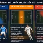 Đồ họa phân tích và so sánh không gian hoạt động của tiền vệ box-to-box (số 8) với tiền vệ mỏ neo (số 6) và tiền vệ tấn công (số 10).