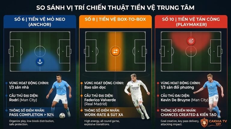 Đồ họa phân tích và so sánh không gian hoạt động của tiền vệ box-to-box (số 8) với tiền vệ mỏ neo (số 6) và tiền vệ tấn công (số 10).
