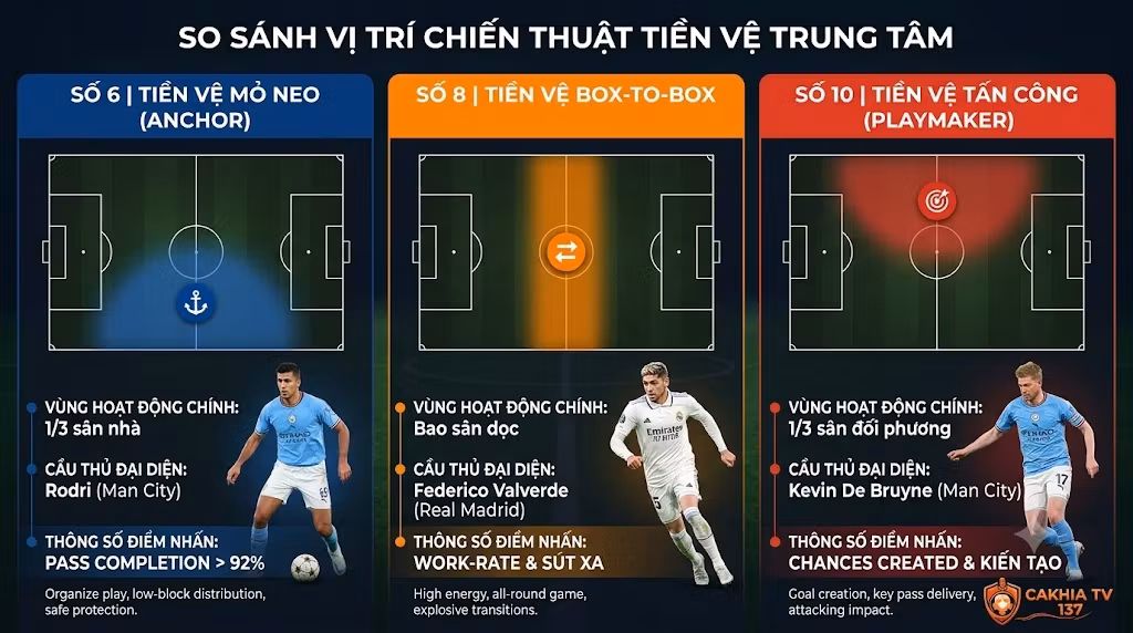 Đồ họa phân tích và so sánh không gian hoạt động của tiền vệ box-to-box (số 8) với tiền vệ mỏ neo (số 6) và tiền vệ tấn công (số 10).